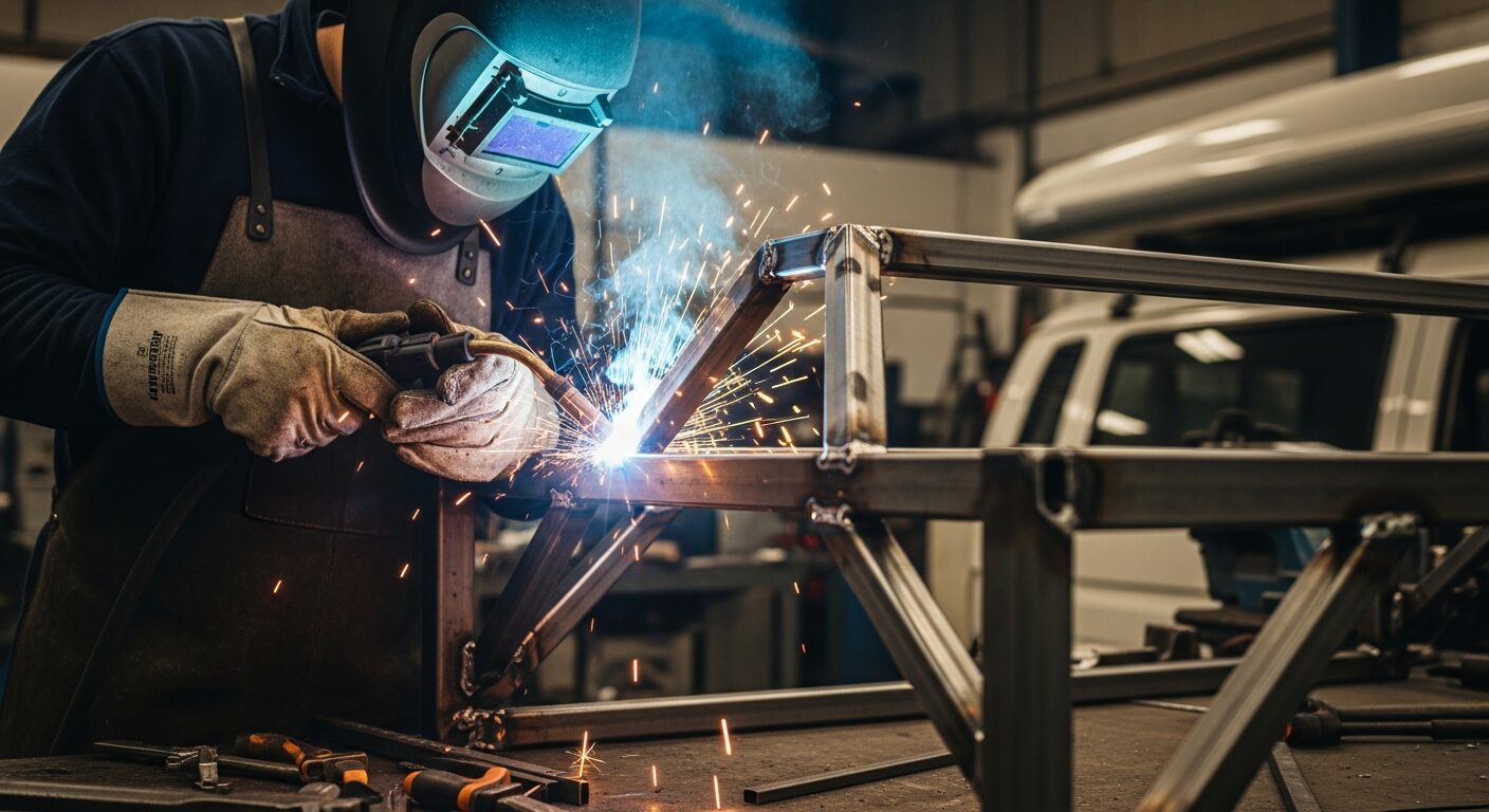 Ember 006 Iron Trail — craftsman welding the bespoke aluminium frame for the terracotta-themed Mercedes Sprinter MWB conversion