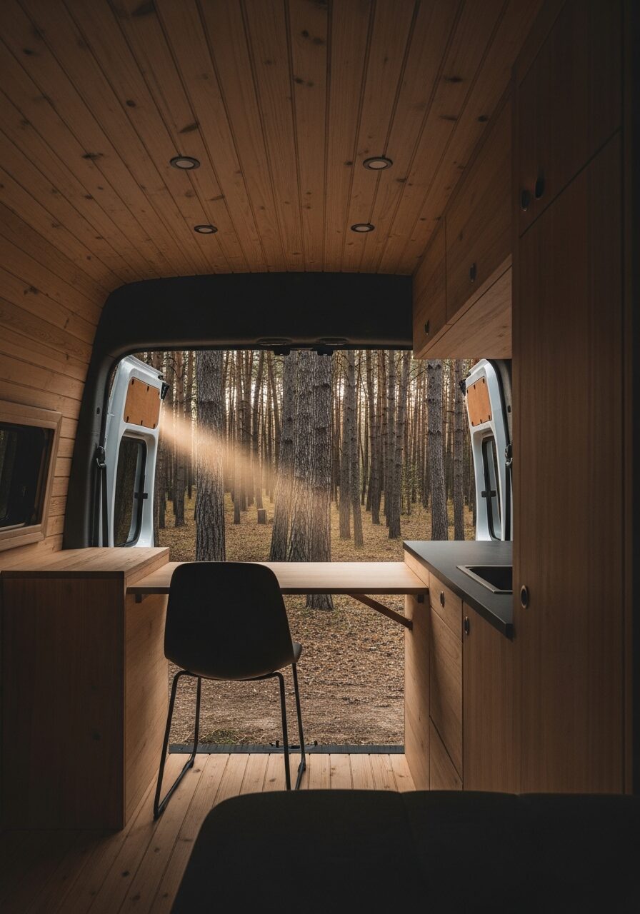 Flint 005 Outpost interior — dual-monitor remote workstation with standing desk mechanism and smoked oak cabinetry in a forest green Mercedes Sprinter