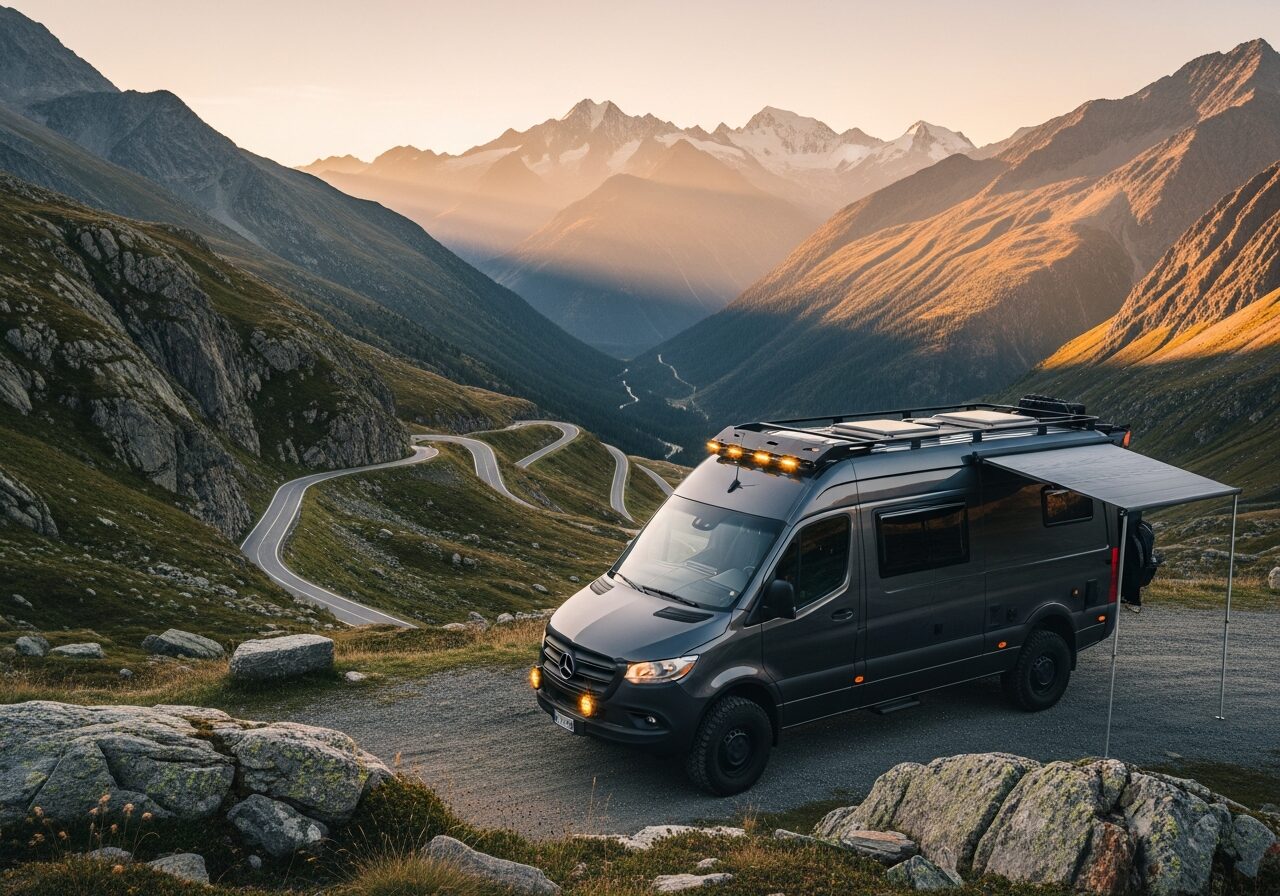 Flint 005 Outpost — forest green Mercedes Sprinter LWB adventure van parked in a Canadian wilderness setting
