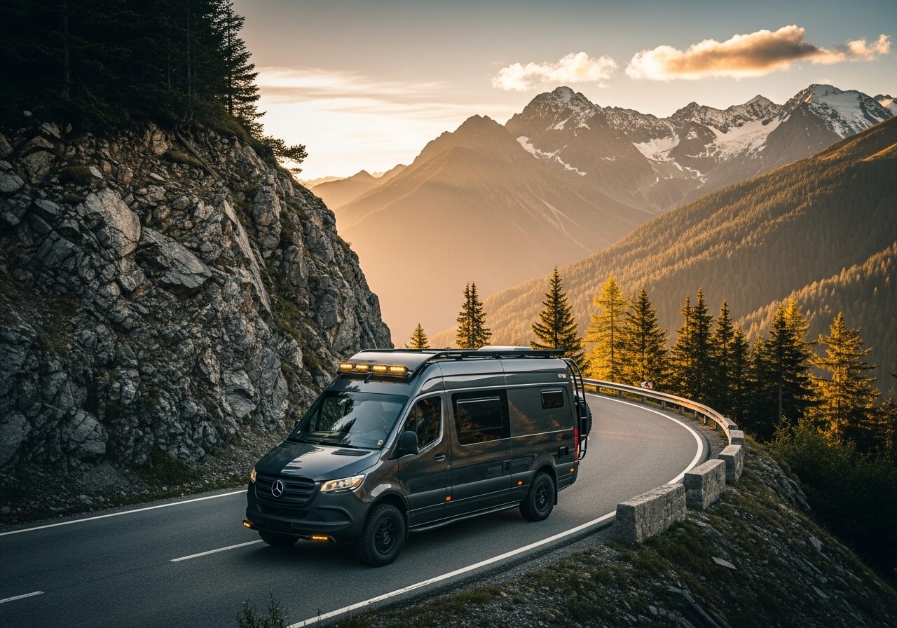 Cairn 004 Iron Trail — alpine white Mercedes Sprinter MWB parked on a Scottish highland hillside