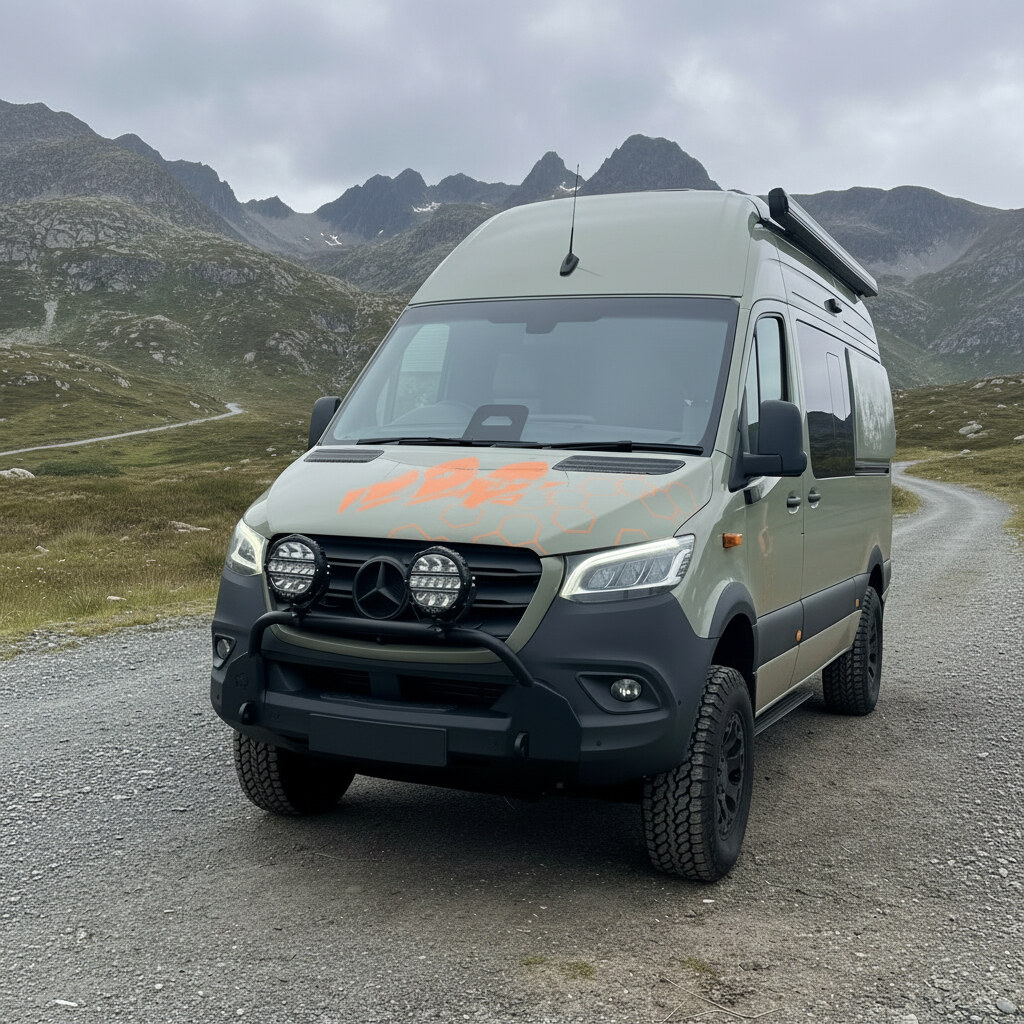 Ridgeline 002 Iron Trail — satin slate grey Mercedes Sprinter MWB with pop-top roof raised on a mountain road